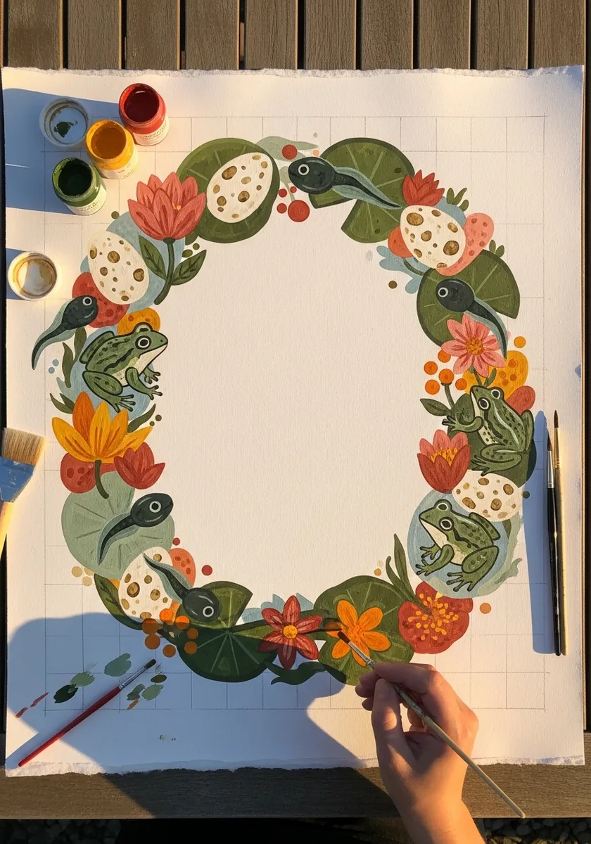 Decorative gouache wreath of pond plants, flowers and small frogs around an empty center