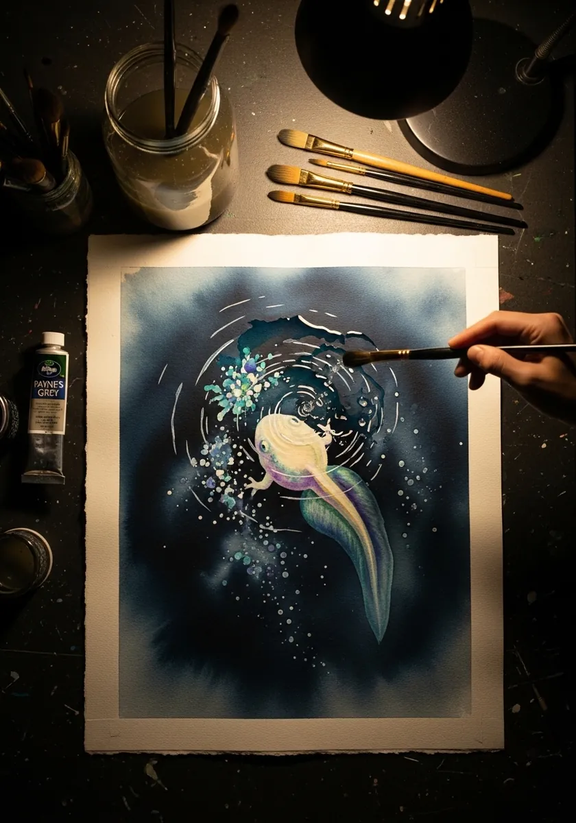 Glowing tadpole painted in luminous blues and whites against a deep dark background