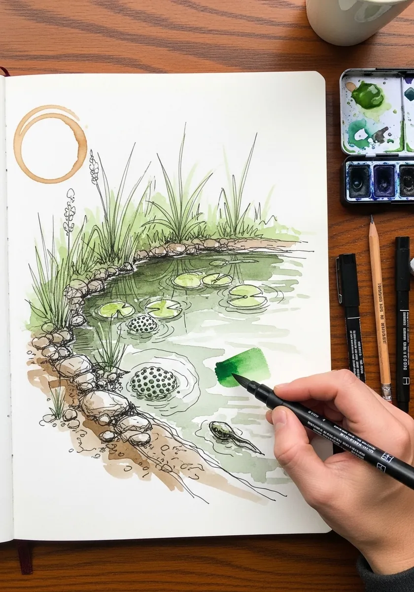 Open sketchbook with an ink drawing of a pond bank and one green painted accent