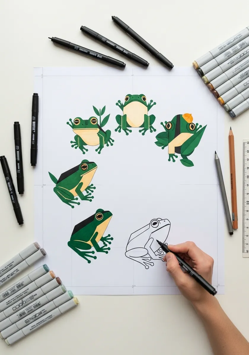 Simple flat green frogs drawn in a sequence with markers showing successive stages