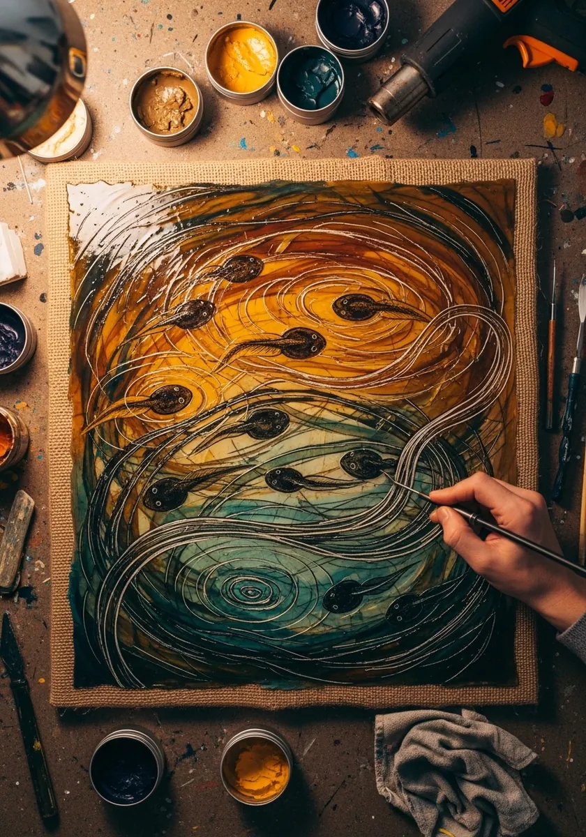 Richly textured painting in ochre and teal with dark egg shapes swirling through it