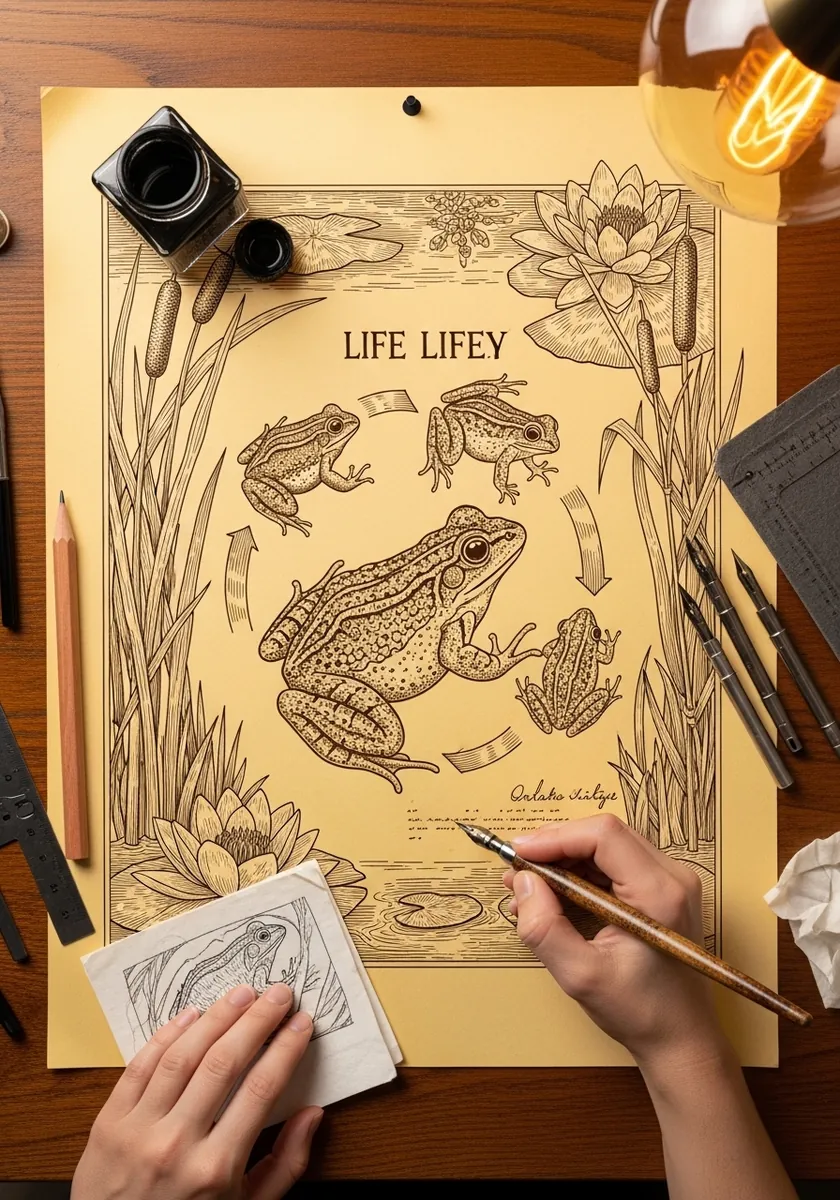 Sepia toned vintage style plate showing frog life cycle stages with handwritten labels