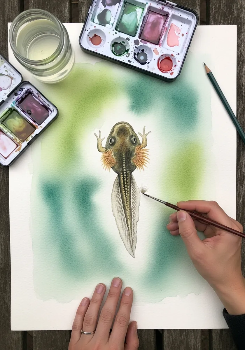 Delicate watercolor tadpole on a pale green wash with soft blurred edges