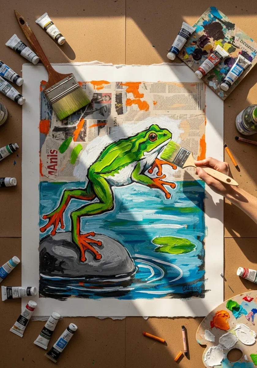 Vivid acrylic painting of a green frog on a rock with strong orange and blue accents