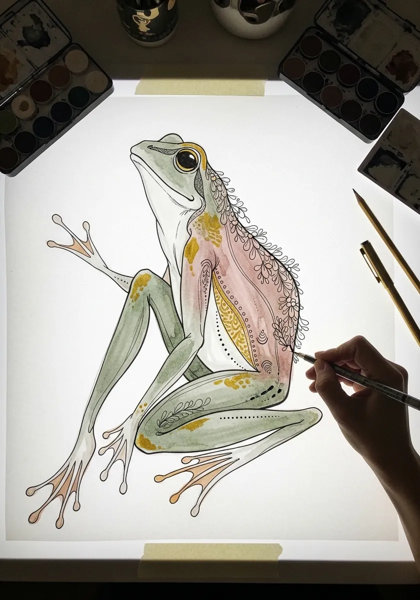 Detailed line drawing of a frog showing skeletal and muscle structure through the skin