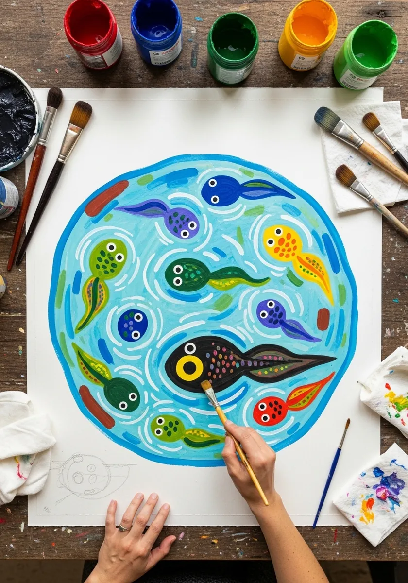 Circular mandala of tadpoles and eggs in bright blue, yellow and red on white paper