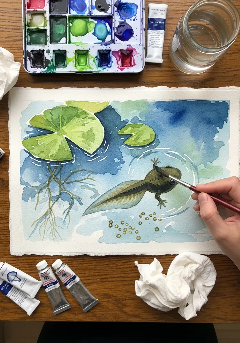 Watercolor pond scene with lily pads above and a developing tadpole below the surface