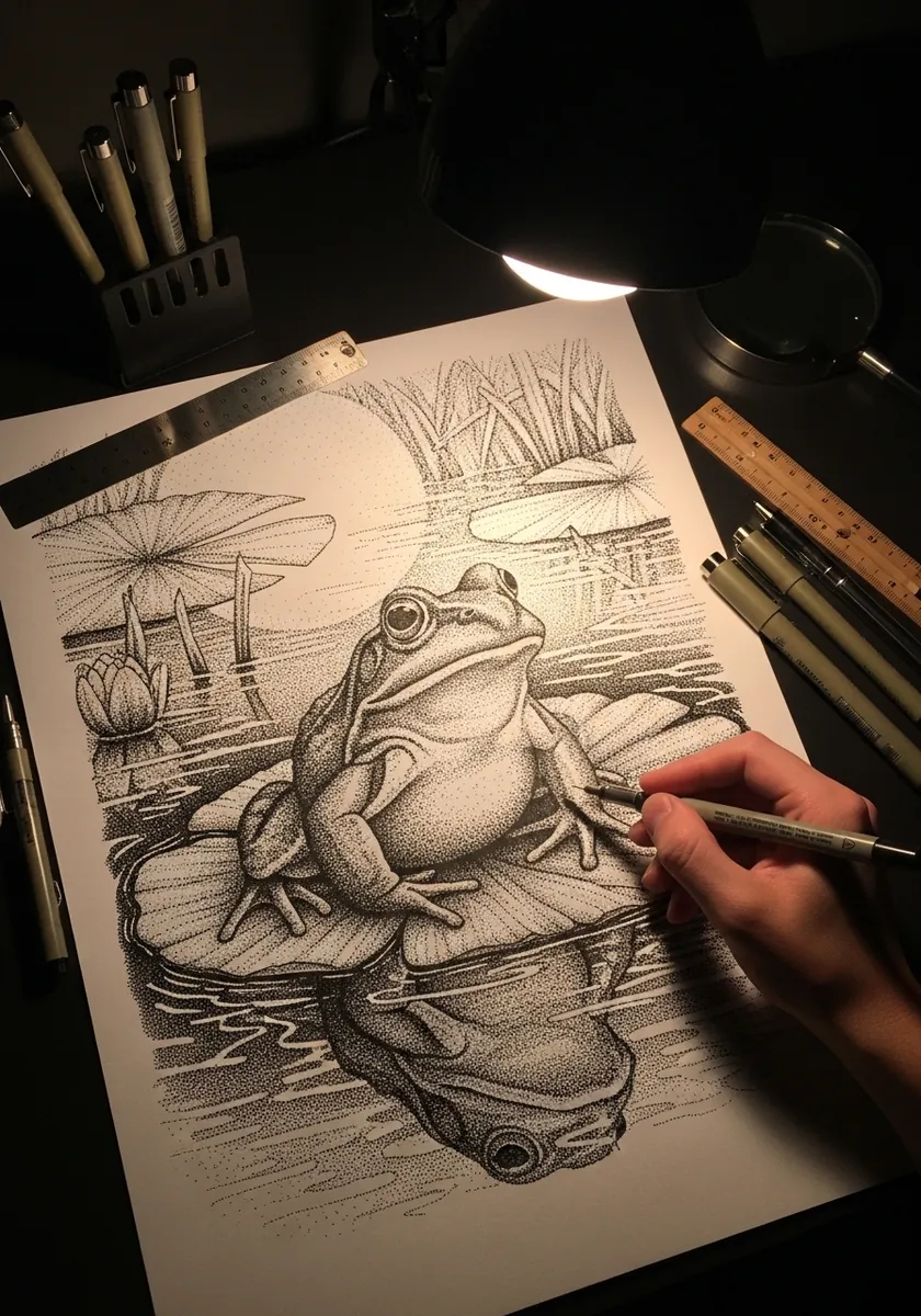 Highly detailed graphite drawing of an adult frog beside a pond under warm lamplight