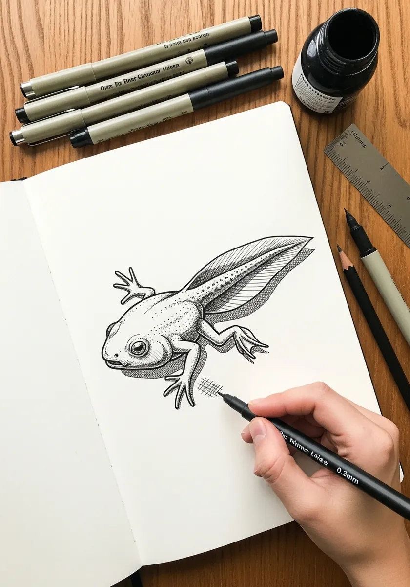 Clean black ink drawing of a froglet with four legs and a short tail stub