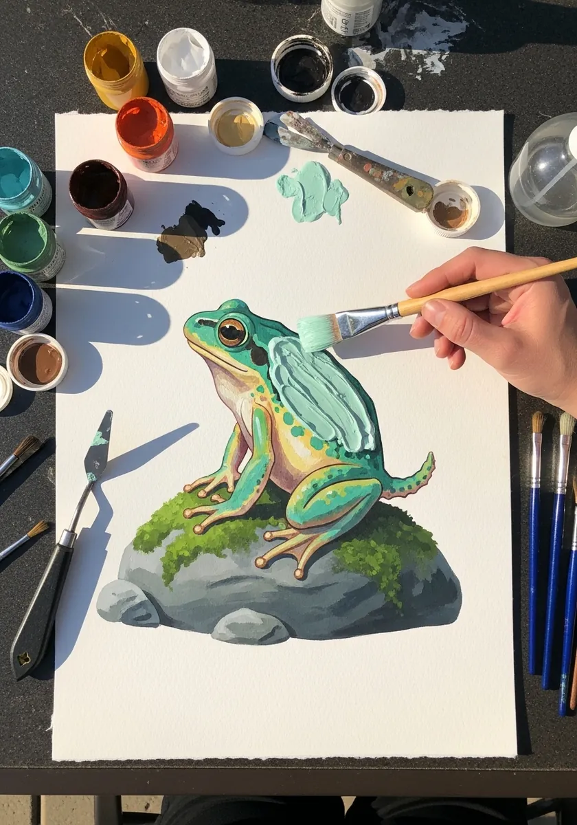 Gouache painting of a bright green tree frog sitting on a mossy rock