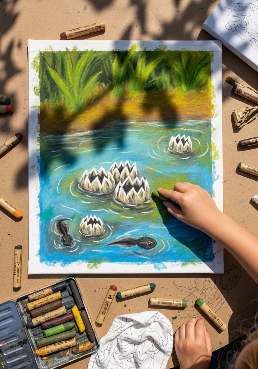 Oil pastel painting of a dark pond with lily flowers and reflected trees