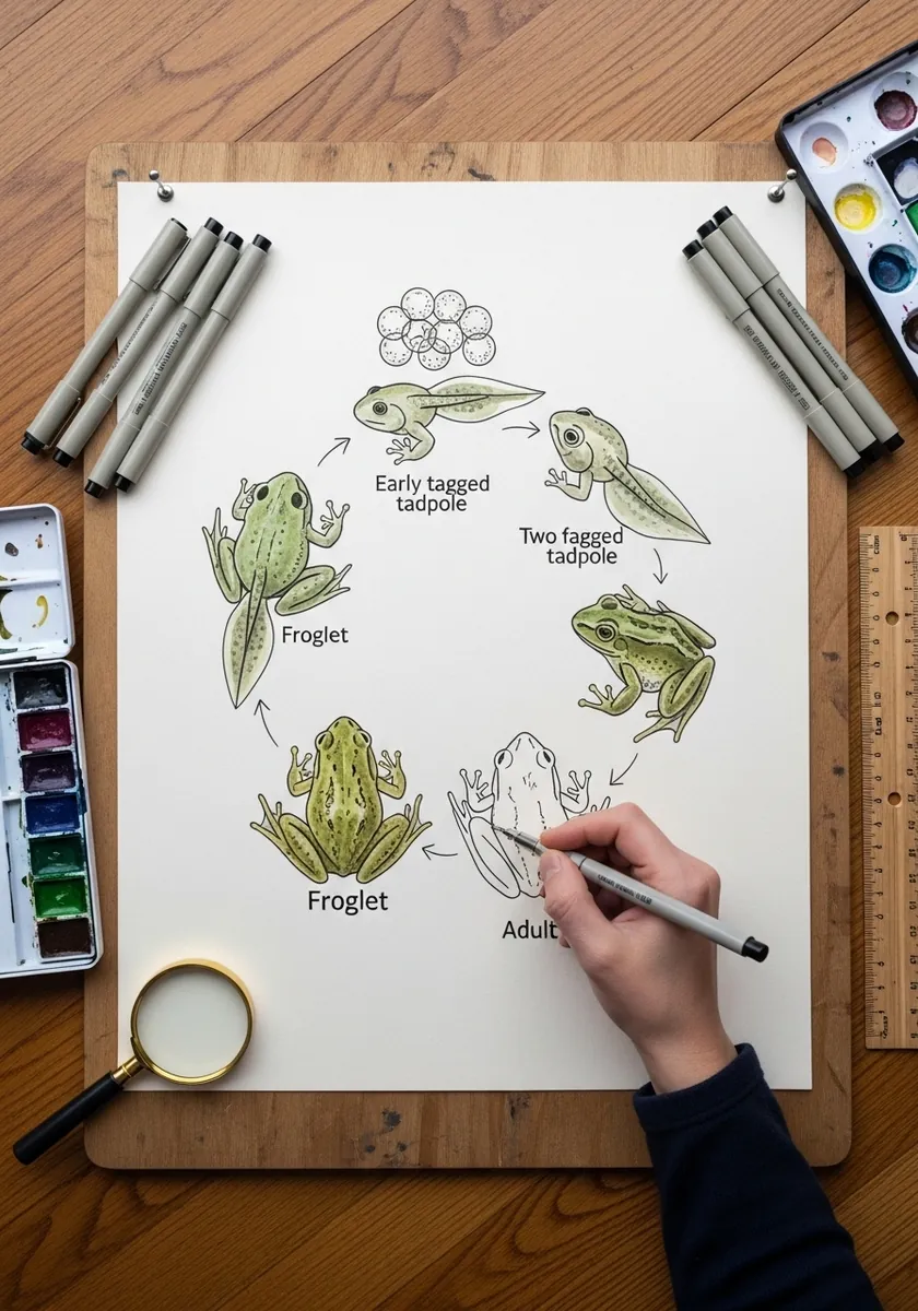 Marker diagram showing the full frog life cycle in a circle with handwritten labels