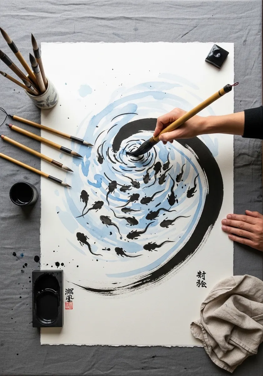 Ink brush painting of a school of tadpoles inside a single sweeping circular stroke
