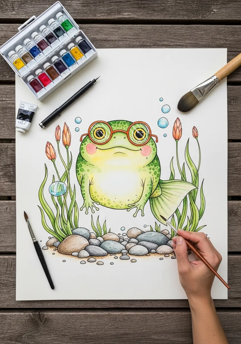Colored pencil drawing of a rounded cartoon frog sitting among reeds and pebbles