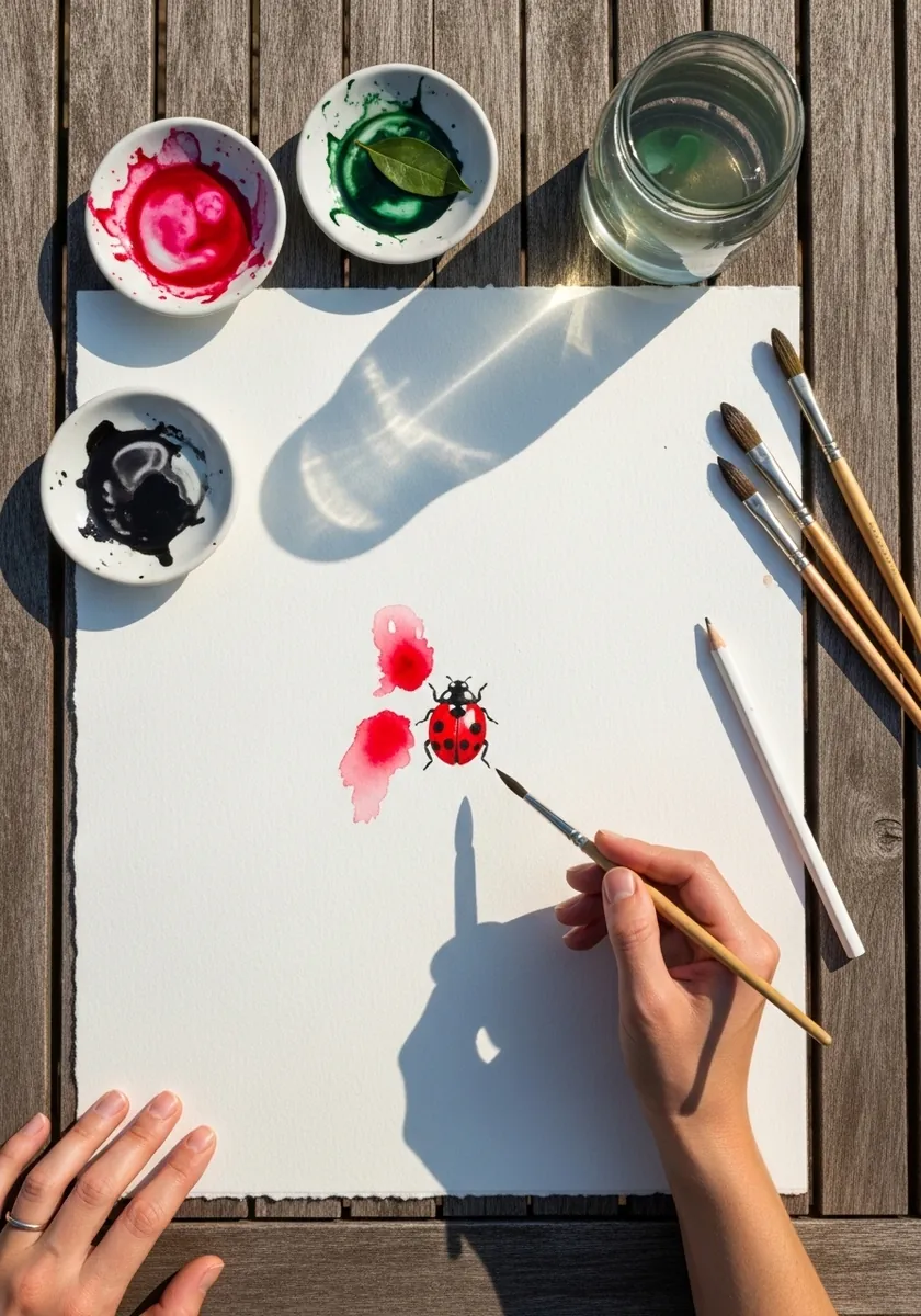 Small red ladybug painted in watercolor on a large sheet of white paper