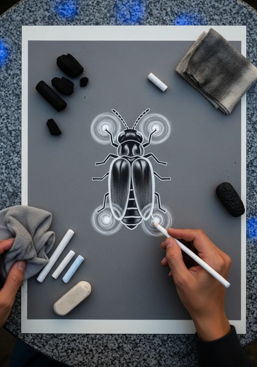 White chalk drawing of a glowing insect with spread wings on gray toned paper