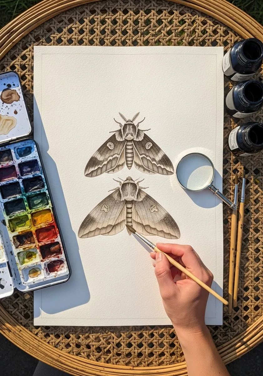 Two moths drawn in soft sepia tones side by side on white watercolor paper