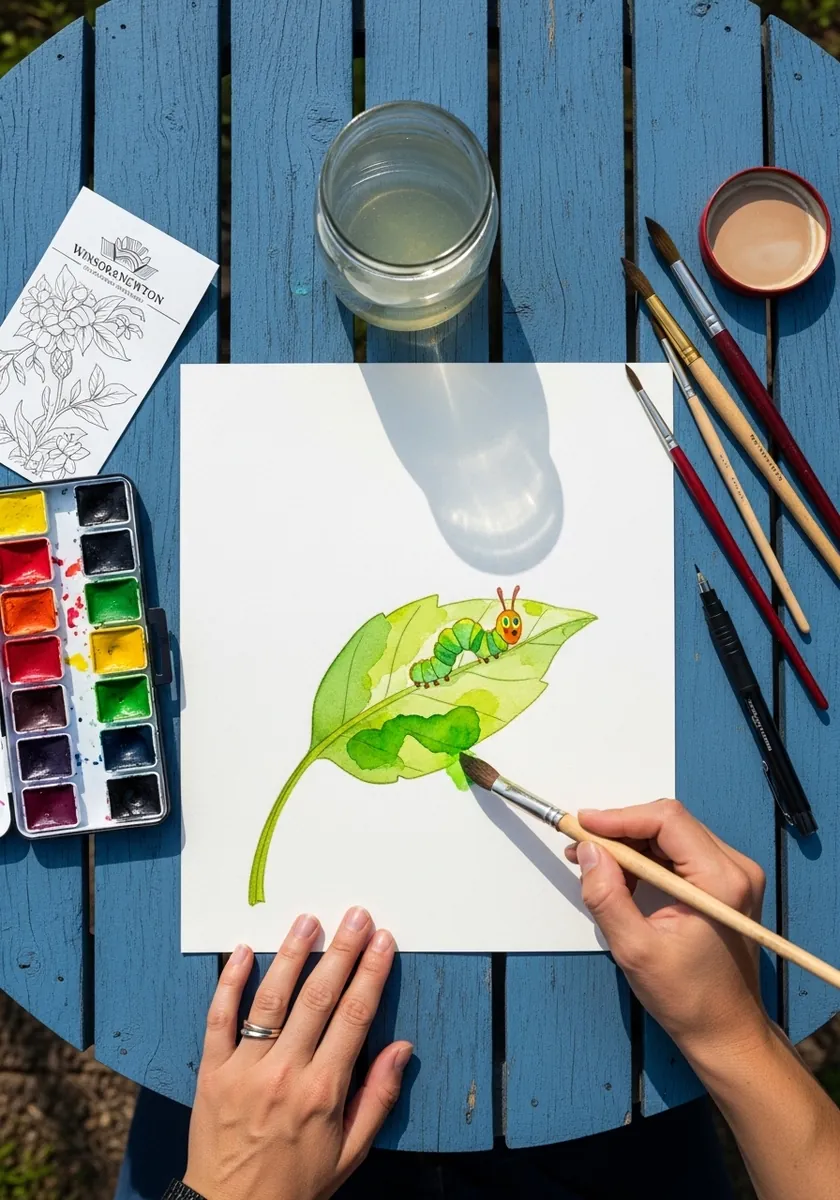 Watercolor caterpillar with green and yellow markings resting on a large leaf