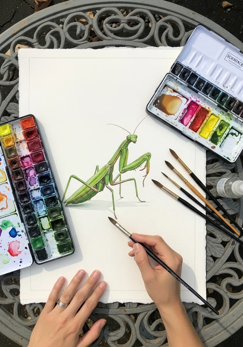 Green watercolor praying mantis with raised front legs on white paper