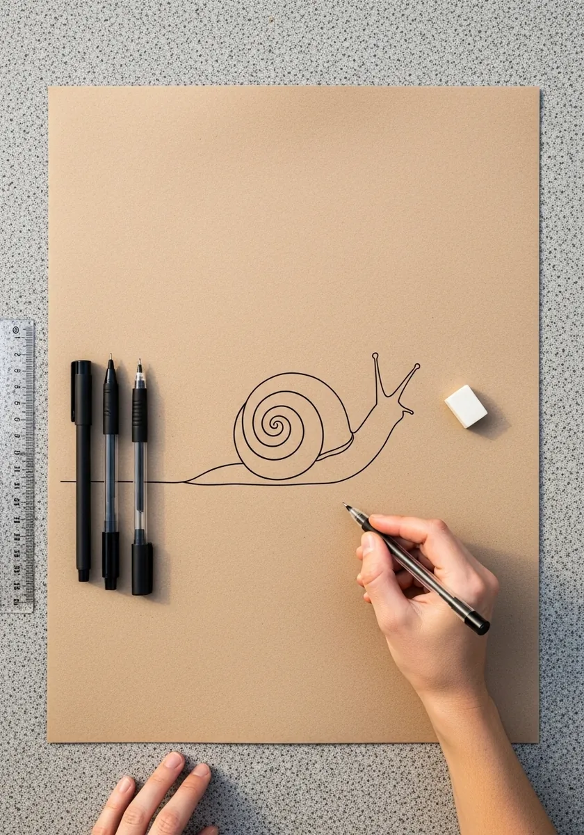 Continuous single line drawing of a snail on warm brown kraft paper