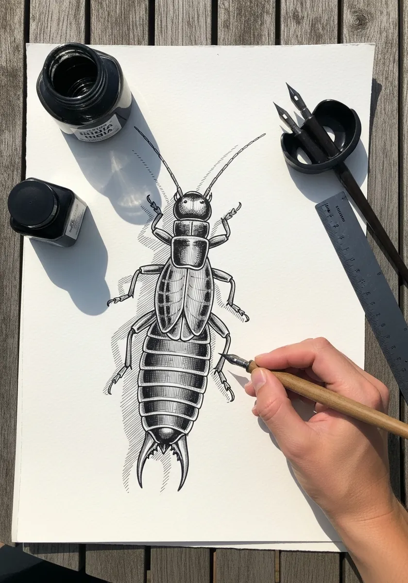 Fine ink drawing of a segmented silverfish style insect with long antennae