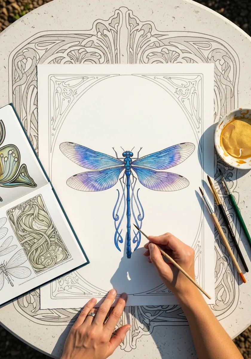 Blue and purple dragonfly inside an ornate art nouveau decorative border