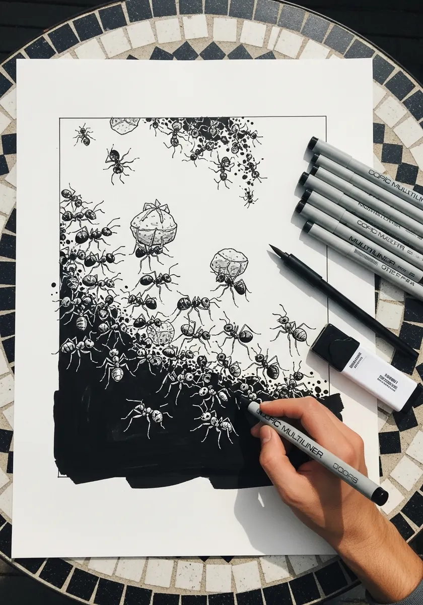 Detailed black ink drawing of a garden border with insects hidden among the flowers