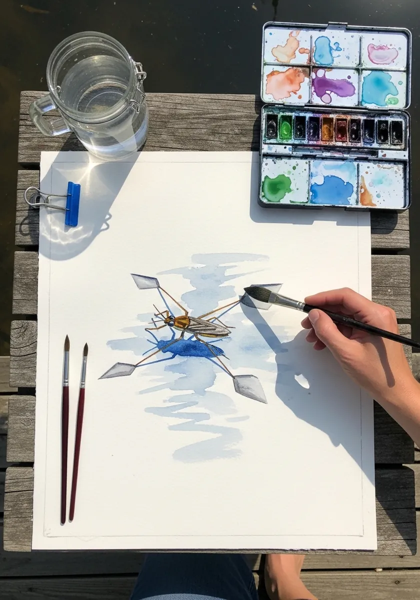 Watercolor water strider with dimpled shadows on a pale blue painted surface