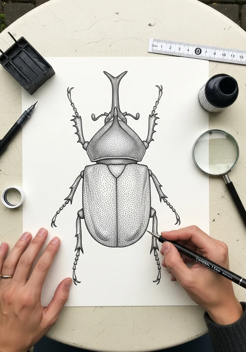 Highly detailed graphite drawing of a large beetle with prominent mandibles
