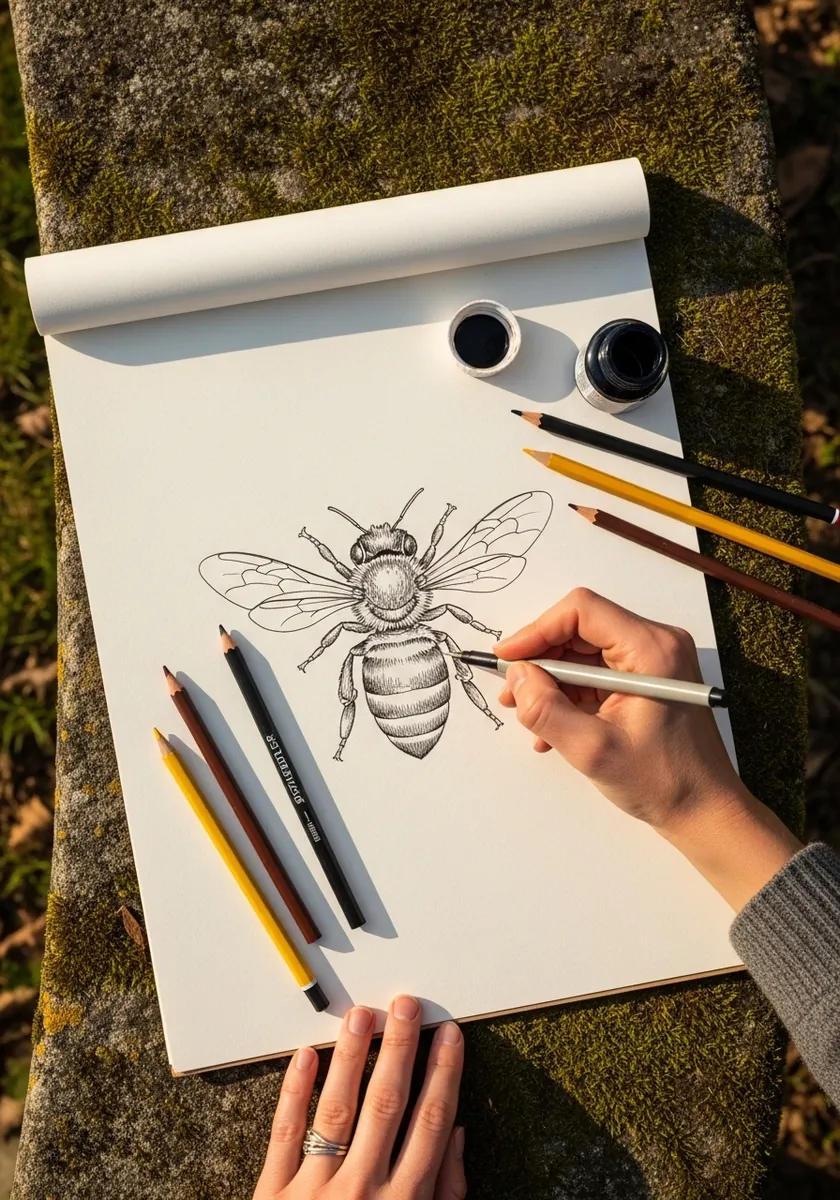 Detailed colored pencil drawing of a honeybee with visible wing veins in a sketchbook