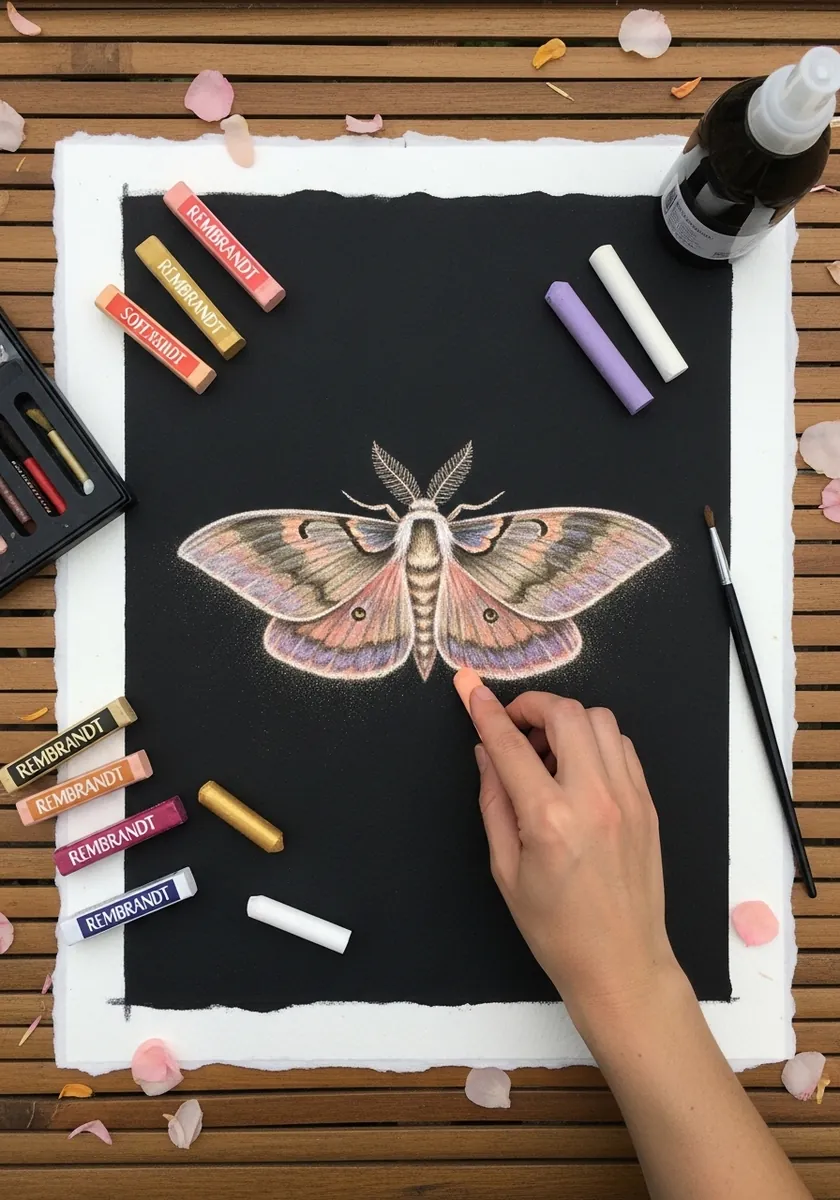 Soft pastel moth with pale pink and cream wings drawn on black paper