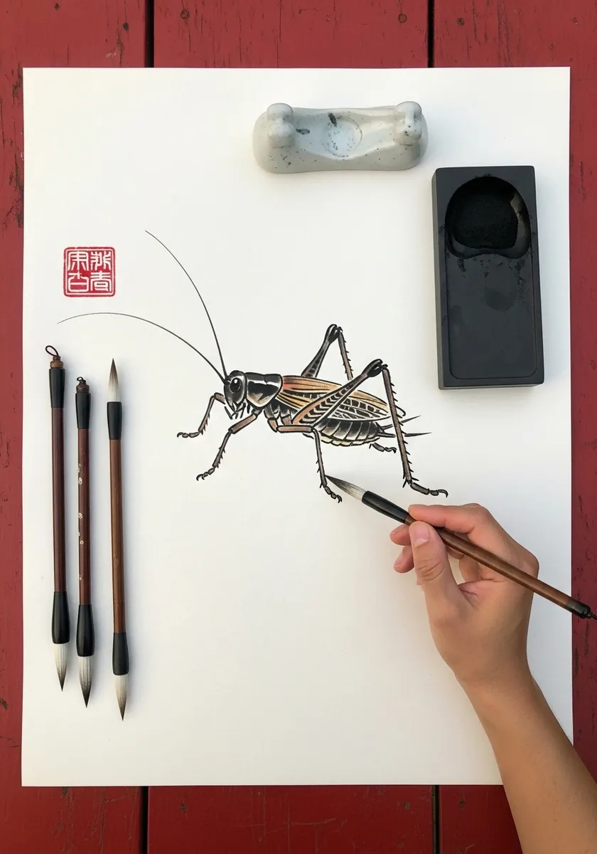 Minimal brush and ink grasshopper with long antennae and a small red seal