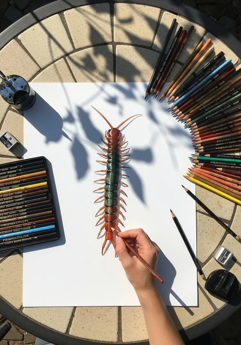 Orange and red centipede drawn in colored pencil with many segmented legs