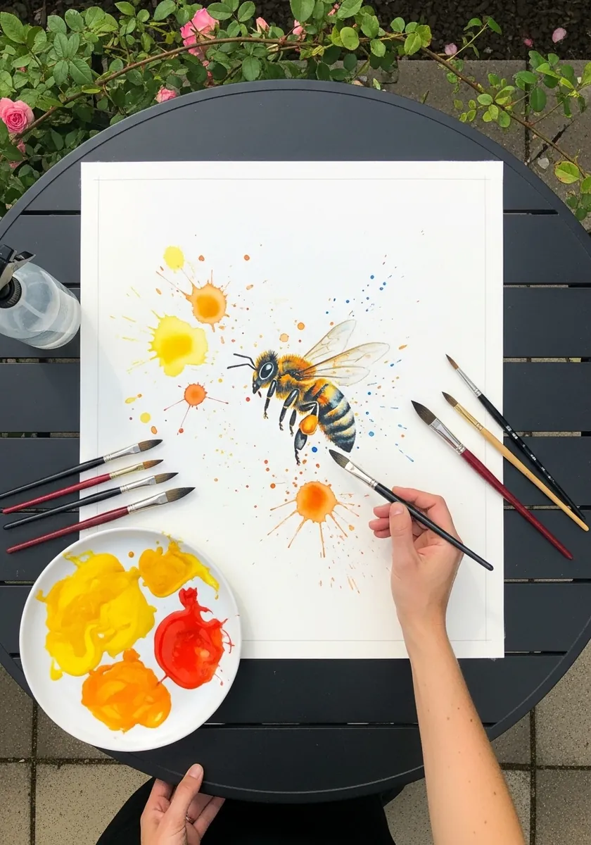 Yellow and black hoverfly painted loosely with bright watercolor splashes
