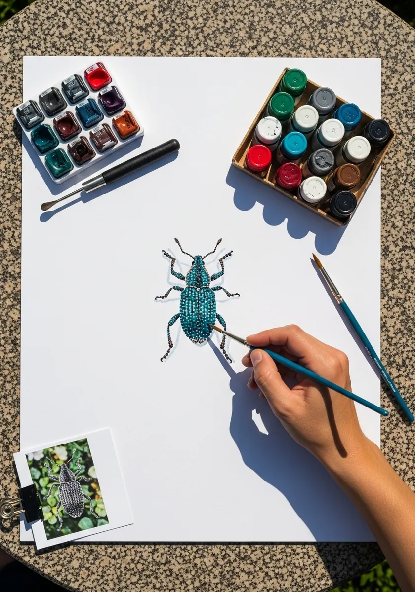 Bright teal weevil beetle painted in gouache on white paper