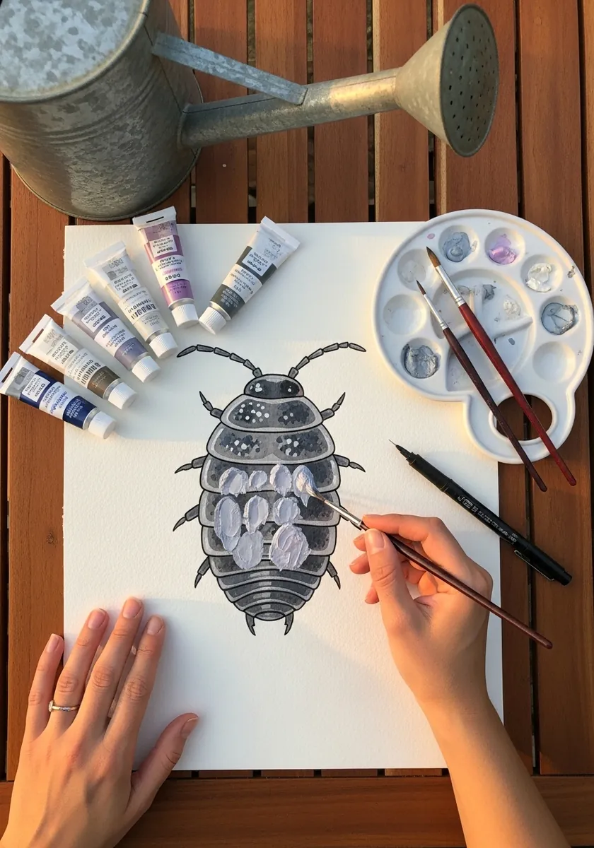 Fine ink and wash drawing of a woodlouse showing overlapping armored plates