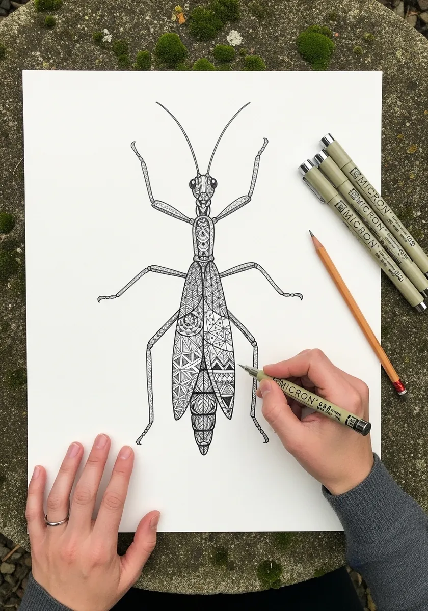 Long stick insect filled with intricate zentangle patterns in black ink