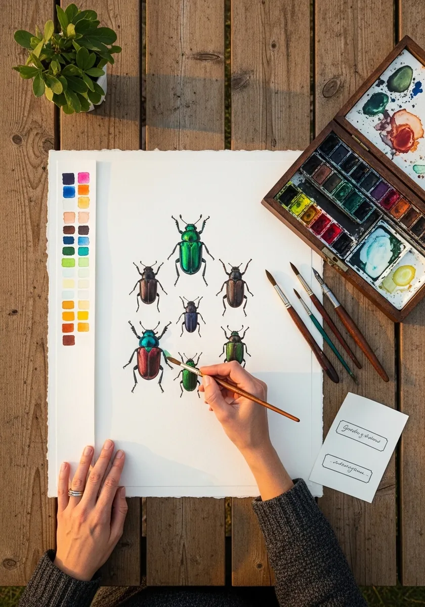 Row of small colorful beetles painted in a line like a specimen collection