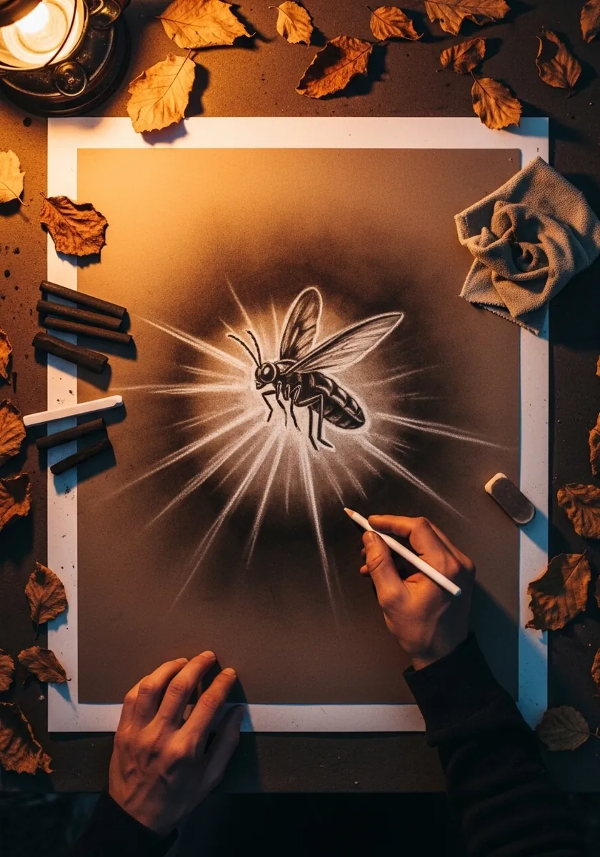 Dramatic drawing of a winged insect glowing brightly against a dark background
