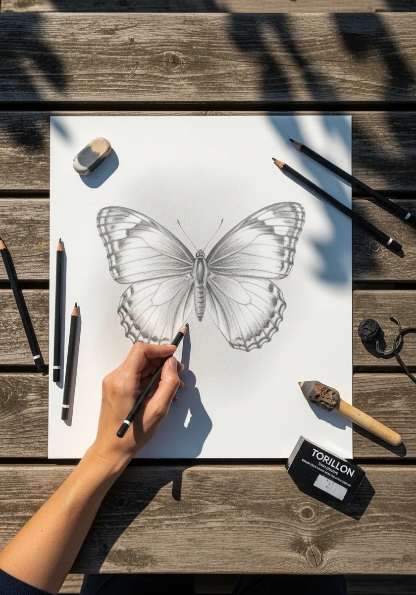 Detailed graphite drawing of a butterfly with symmetrical patterned wings