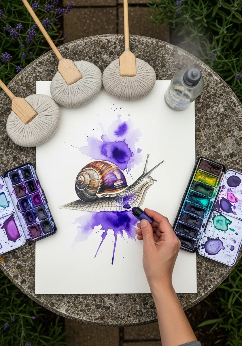 Two snails painted in purple watercolor with loose violet blooms around them