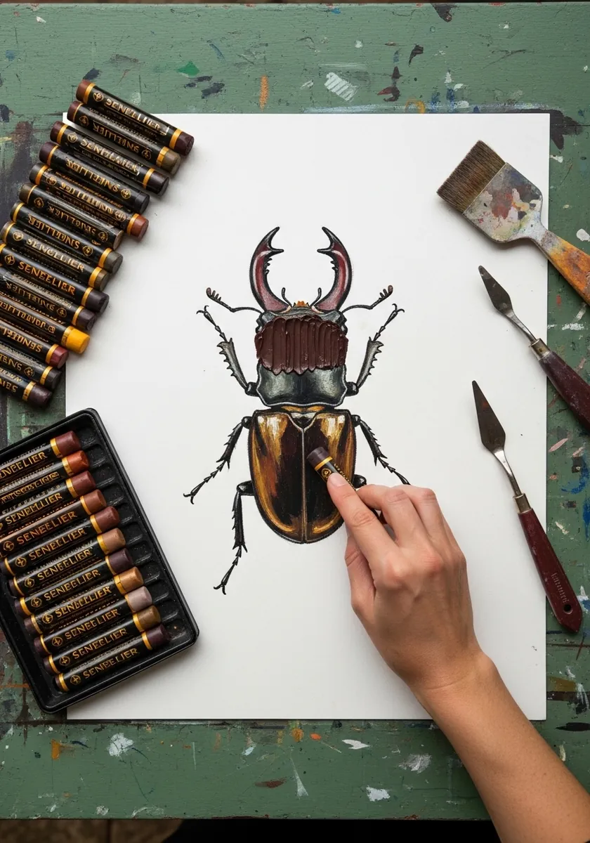 Glossy dark stag beetle drawn in colored pencil with metallic highlights