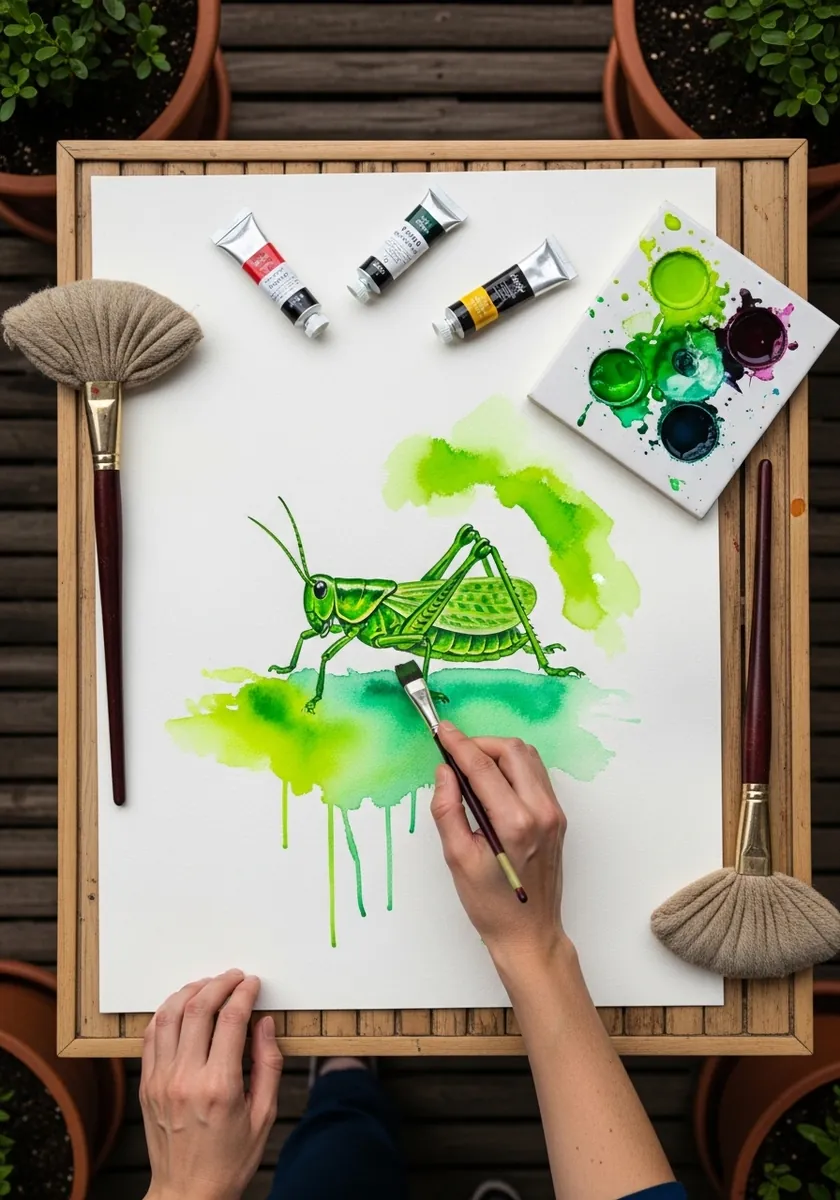Bright green watercolor grasshopper with loose paint drips running down the page