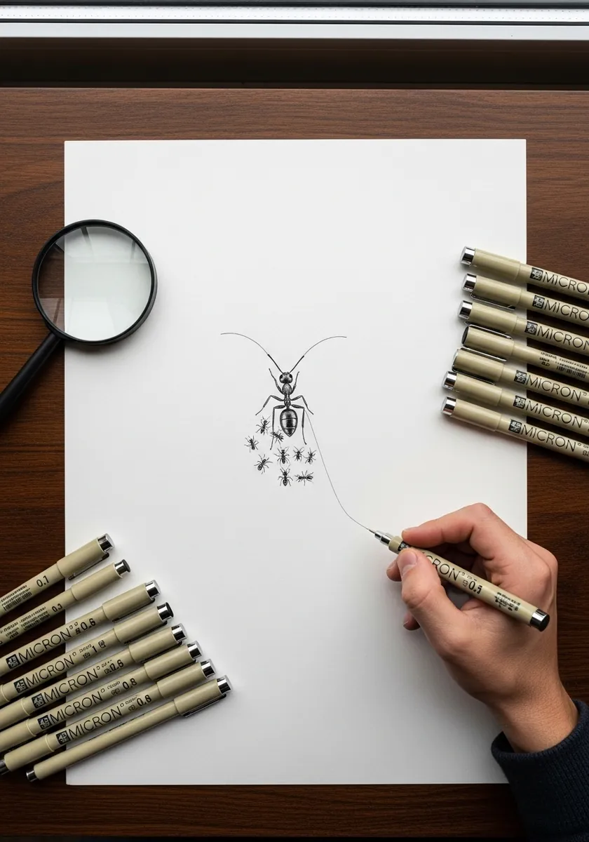 Very small insect drawn in fine liner on a large white sheet with a magnifier nearby