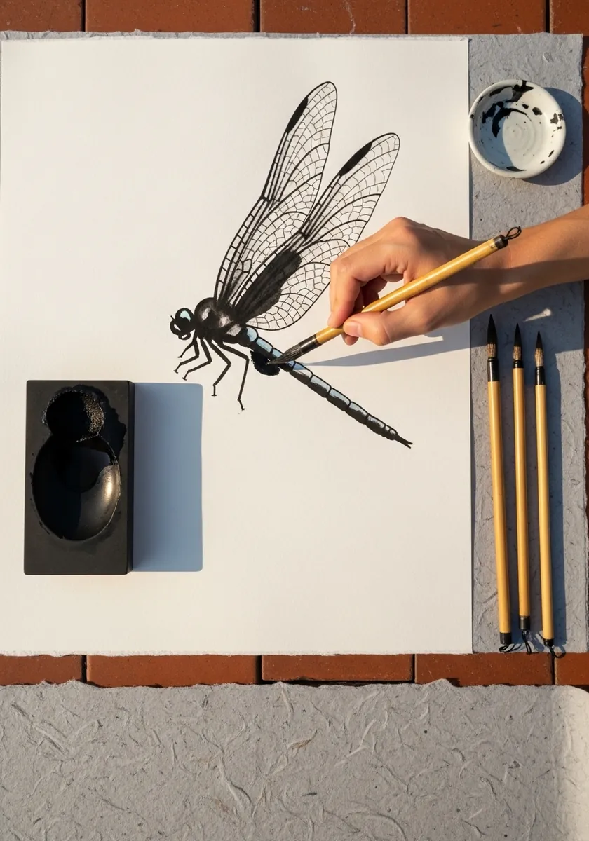 Detailed black ink dragonfly with finely veined transparent wings on white paper