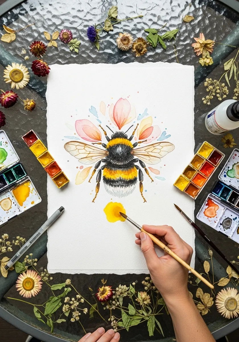 Watercolor bumblebee surrounded by real pressed flowers on a garden table
