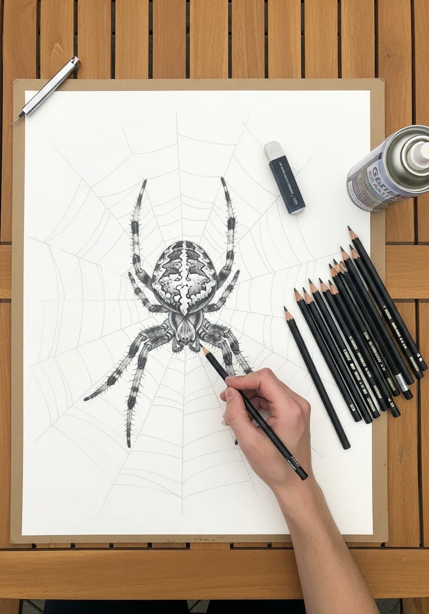 Graphite drawing of a garden spider sitting at the center of a large web