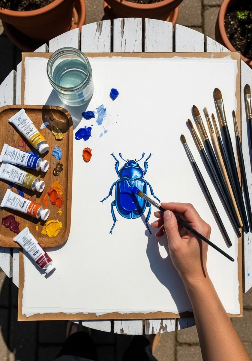 Vivid blue beetle painted in watercolor with a glossy metallic sheen
