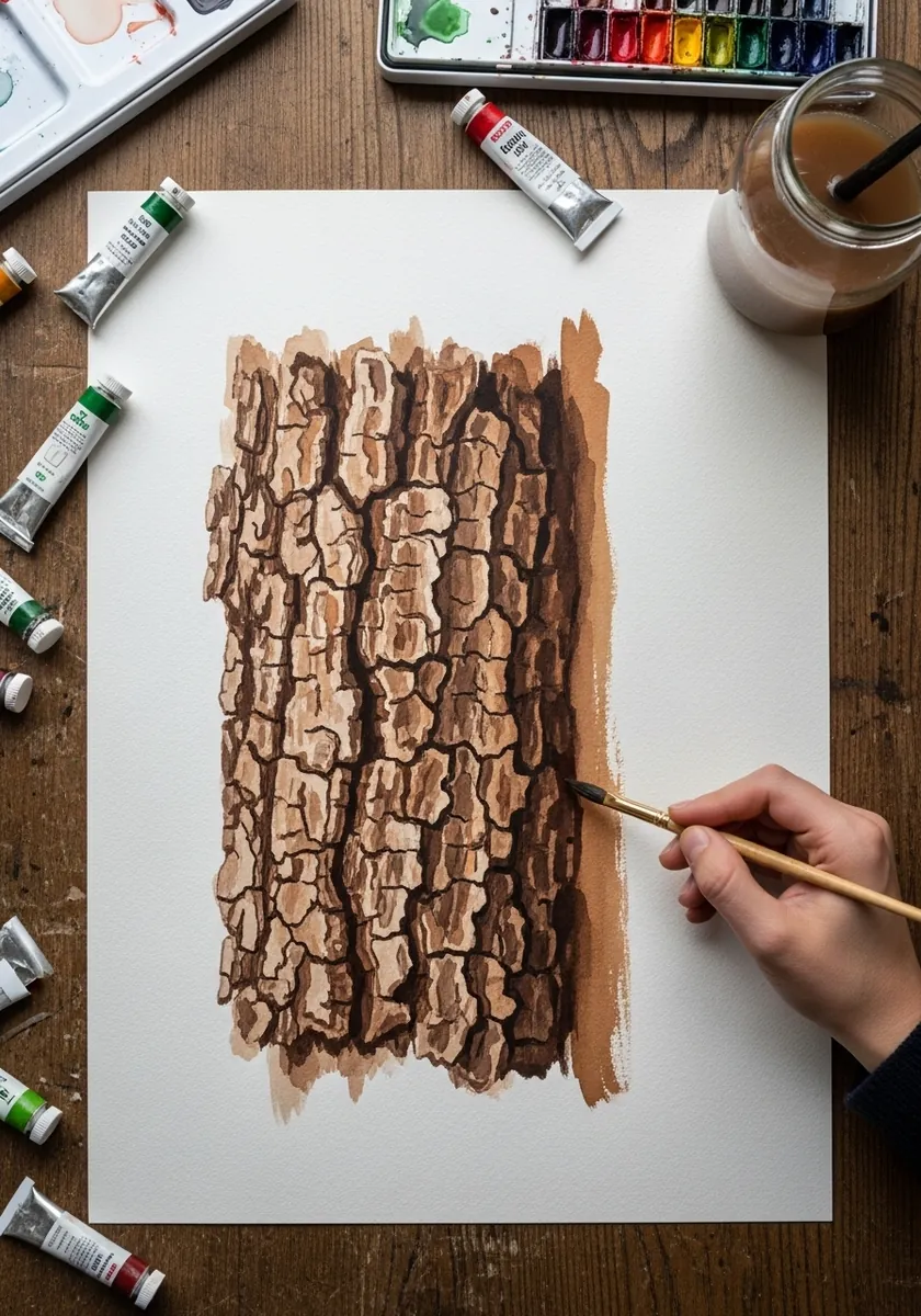 Textured brown acrylic painting of rough bark filling a rectangular panel on white paper