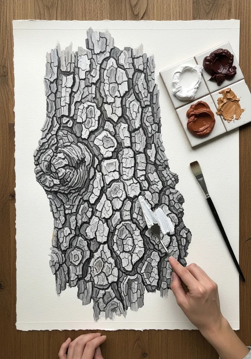 Detailed ink drawing of a large knot in bark with rings radiating outward